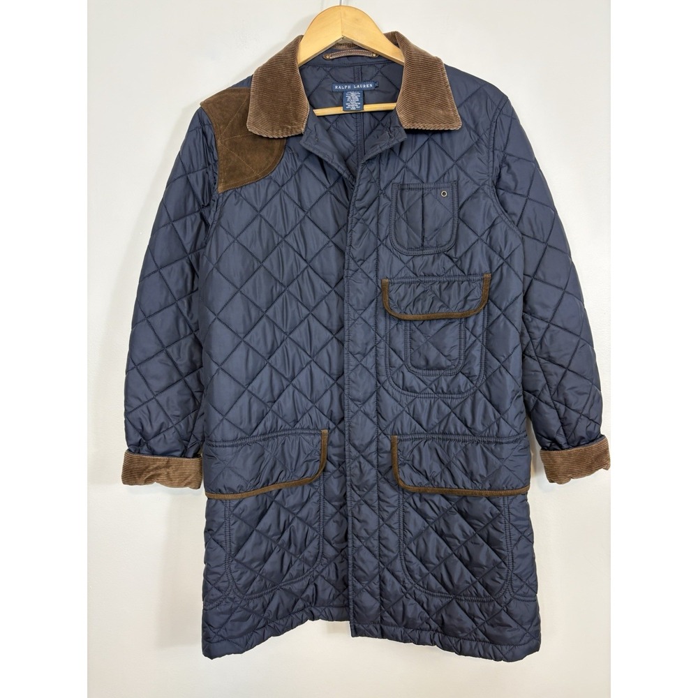Vtg Ralph Lauren Quilted Barn Jacket Sz L Navy Blue Label Coat Suede Corduroy